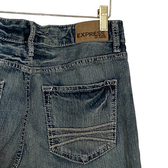 Express Mens Size 34 x 27 Vintage Slim Low Rise Bootcut Rocco Hemmed Denim Jeans - Picture 6 of 8